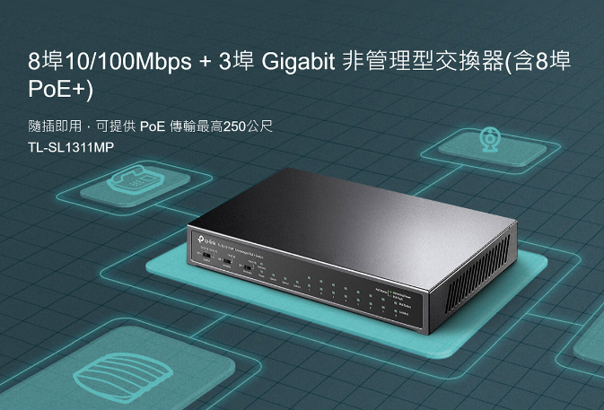 TP-LINK TL-SL1311MP 10/100Mbps 8埠 PoE+ 網路交換器 總供電124W