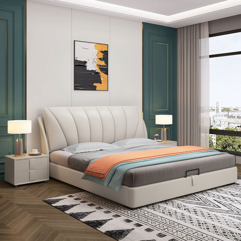 楓林宜居 現代簡約皮床1.8米雙人床1.5米臥室高箱儲物床輕奢實木軟包婚床