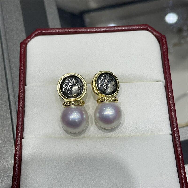 國產精工S925純銀金色復古頭像幣珍珠耳釘耳環配件空託飾品做舊女