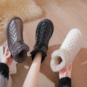 【免運】可開發票 皮面雪地靴女秋冬新款網紅及踝靴防滑防水保暖加絨棉鞋面包鞋