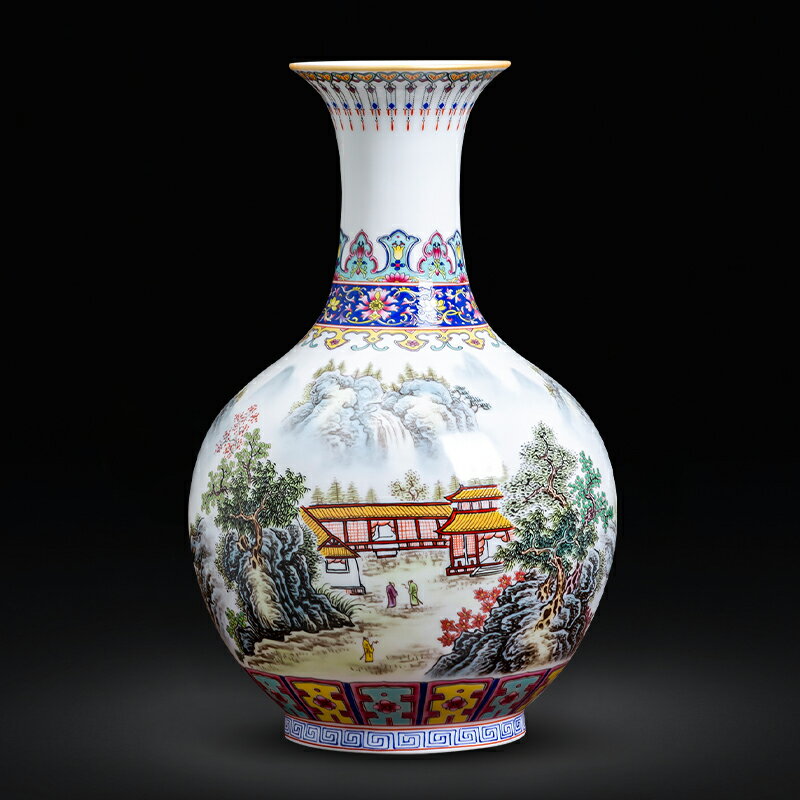 景德鎮陶瓷器粉彩山水畫中式花瓶瓷瓶中式家居客廳飾品擺件工藝品