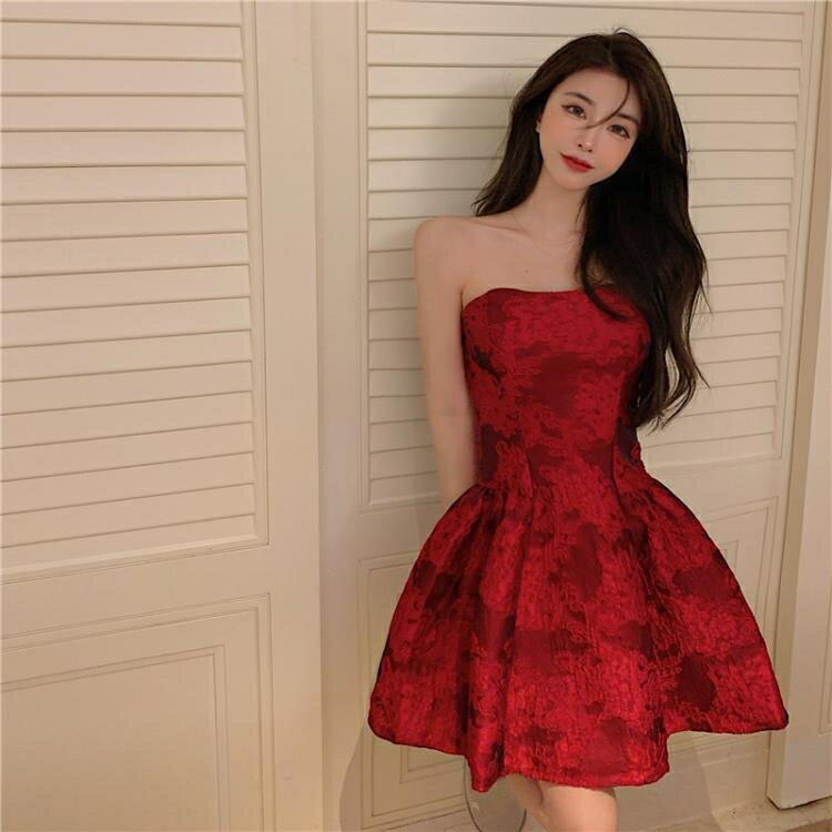 【樂天精選】復古紅色抹胸洋裝女夏季2021年新款裙子法式小眾名媛氣質洋裝裙