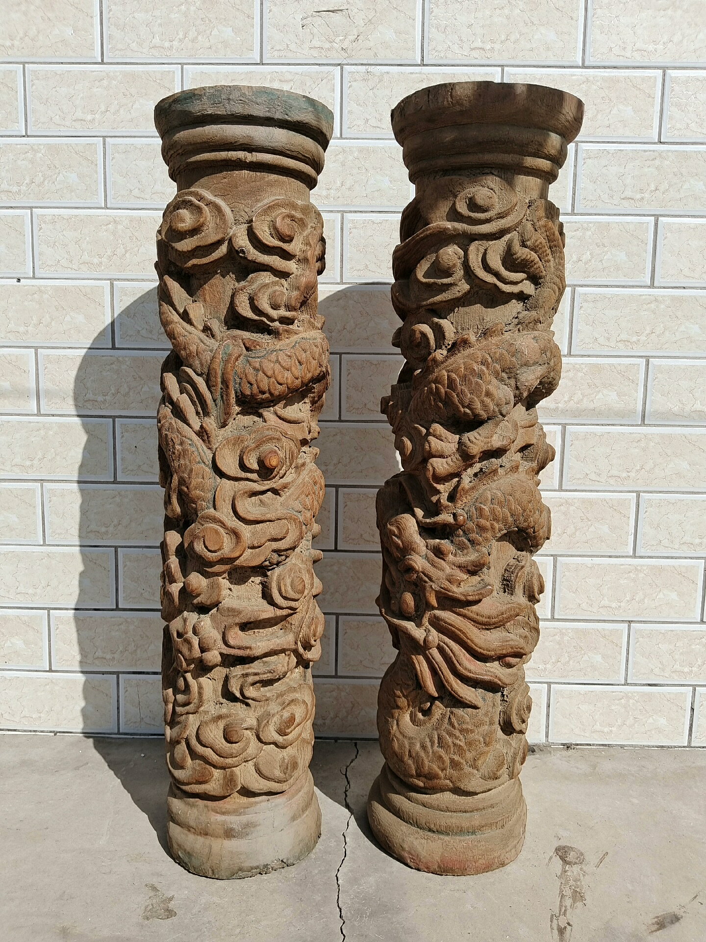 楠木木雕素皮殼工藝，一對龍柱，高100釐米