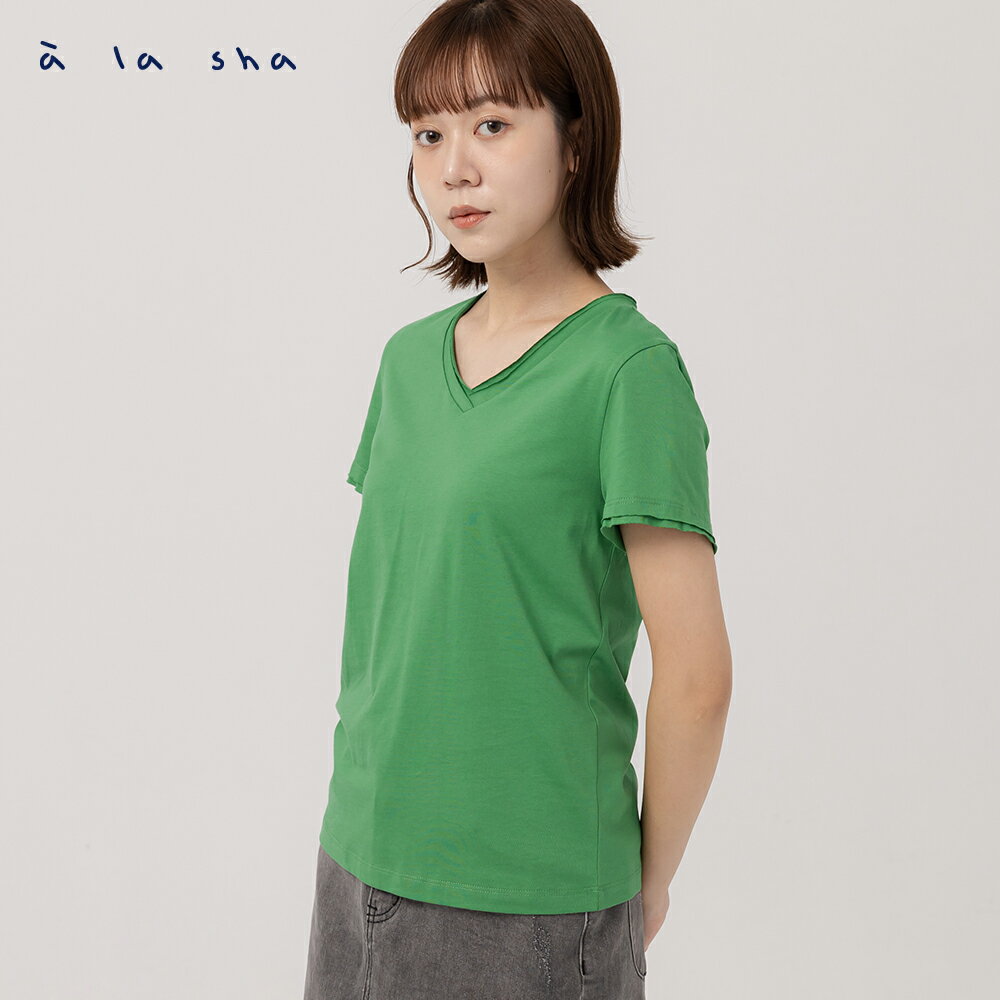a la sha V領卷邊短袖T