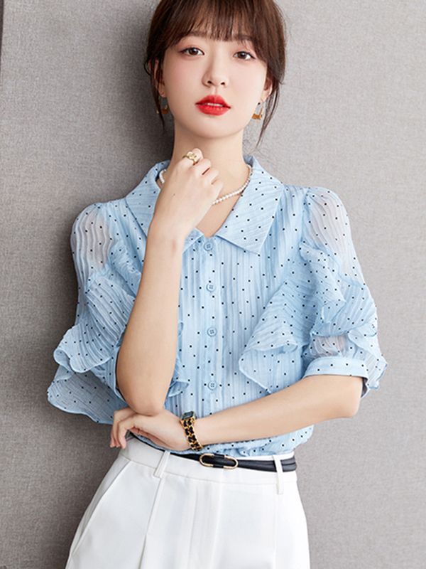 雪紡襯衫POLO領短袖女時尚甜美氣質上衣洋氣小衫夏裝夏季新款