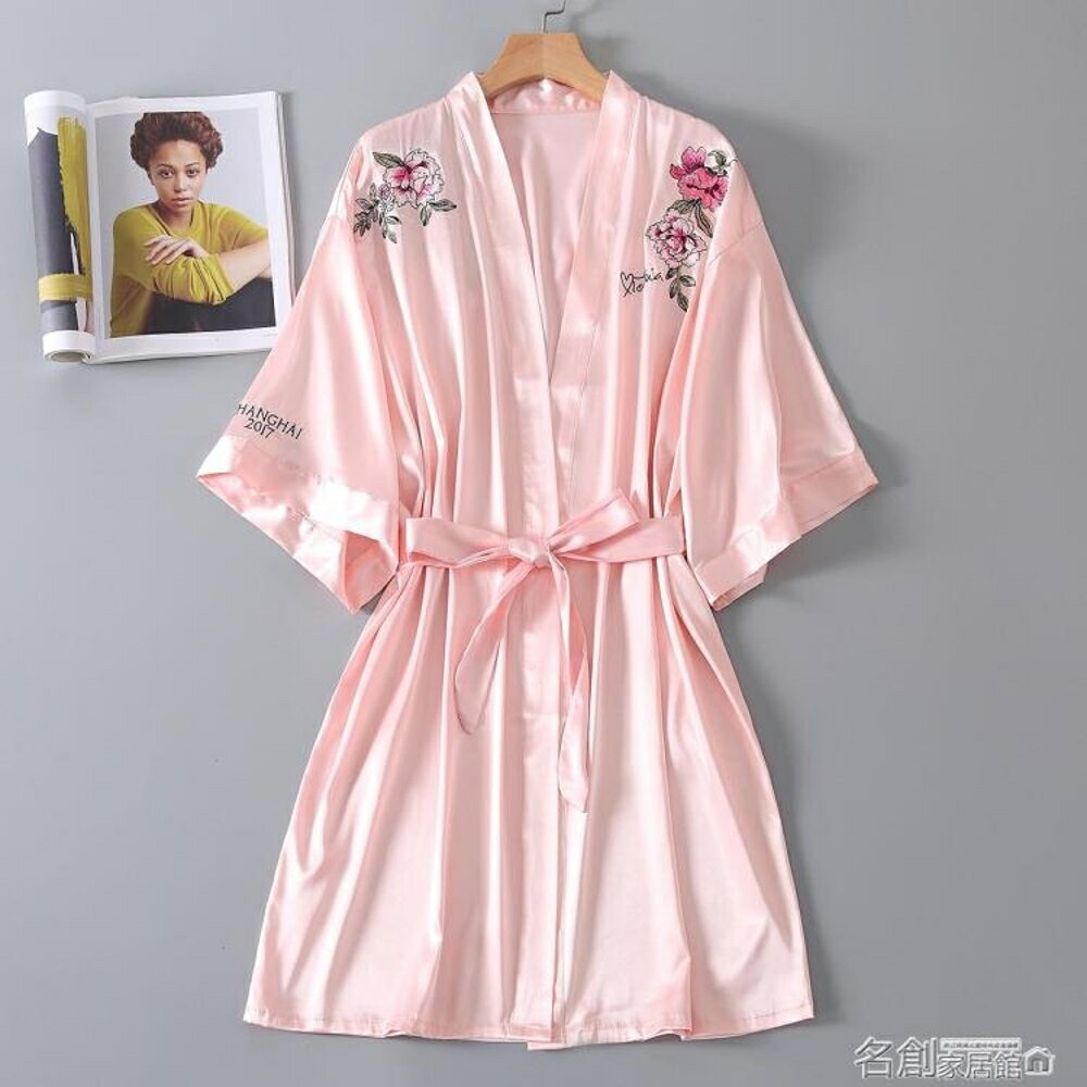 浴袍 閨蜜派對真絲睡衣女春夏明星款牡丹刺繡睡袍女性感家居服新娘晨袍 名創家居