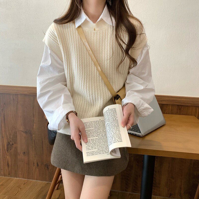 毛衣女2021年新款秋冬韓版圓領慵懶風北極絨寬松馬甲針織毛衣外搭