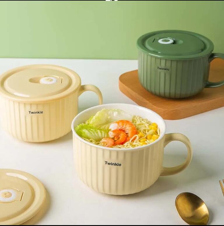 泡麵碗帶蓋陶瓷單耳宿舍學生家用上班族網紅泡麵杯飯盒【步行者戶外生活館】