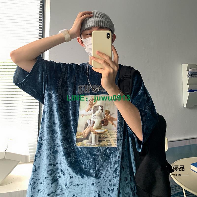 潮流男裝高階感冰絲絨短袖油畫天使美式街頭T恤七分袖上衣【聚物優品】