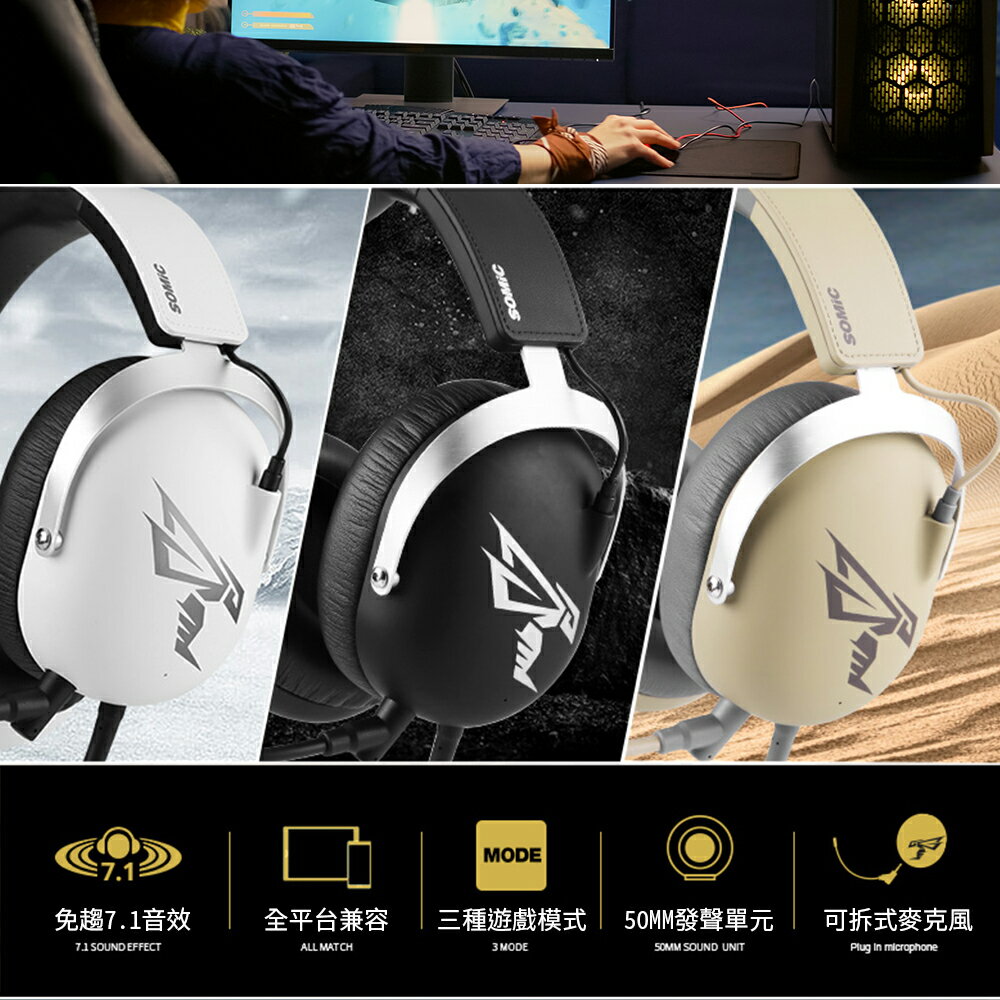 【SOMIC碩美科 G805極地先鋒】3.5mm+USB雙介面｜免驅7.1聲道｜三音效模式｜可拆式降噪麥克風｜電競耳機 1