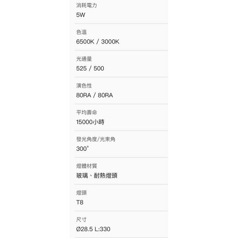 舞光 LED T8 雙邊供電 1尺 5W 玻璃燈管 1呎 白光 (A Light) 3