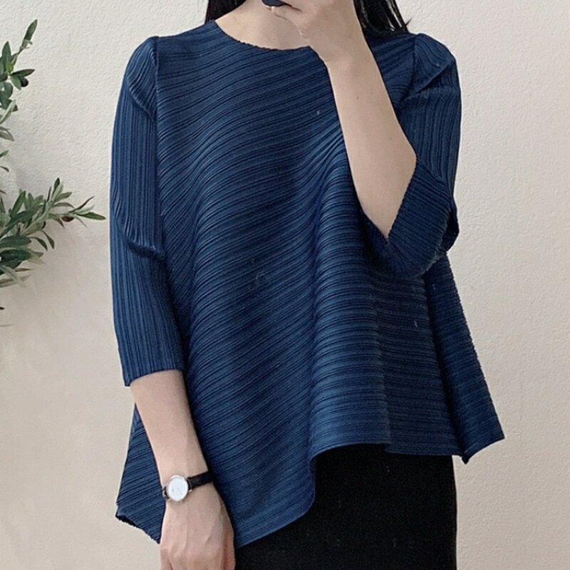 【巴黎精品】現貨+預購 三宅風皺褶衣服褶皺上衣-五分袖摺衣壓褶不規則斜紋寬鬆折衣女T恤4色a1jq72