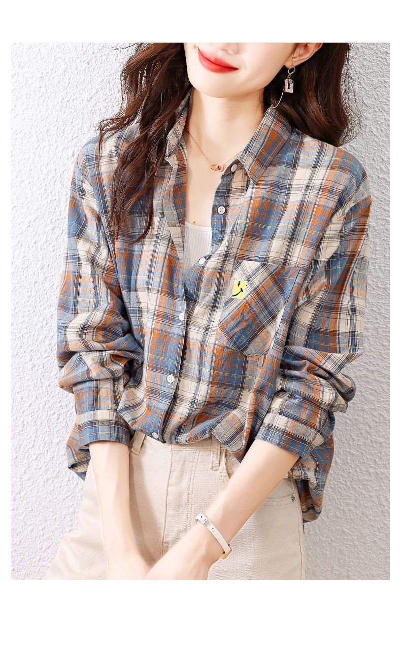 女裝 女上衣 衣服 寬鬆上衣 韓版襯衫 格子 棉質格子襯衫女長袖春裝新款韓版時尚設計感顯瘦襯衣女上 9