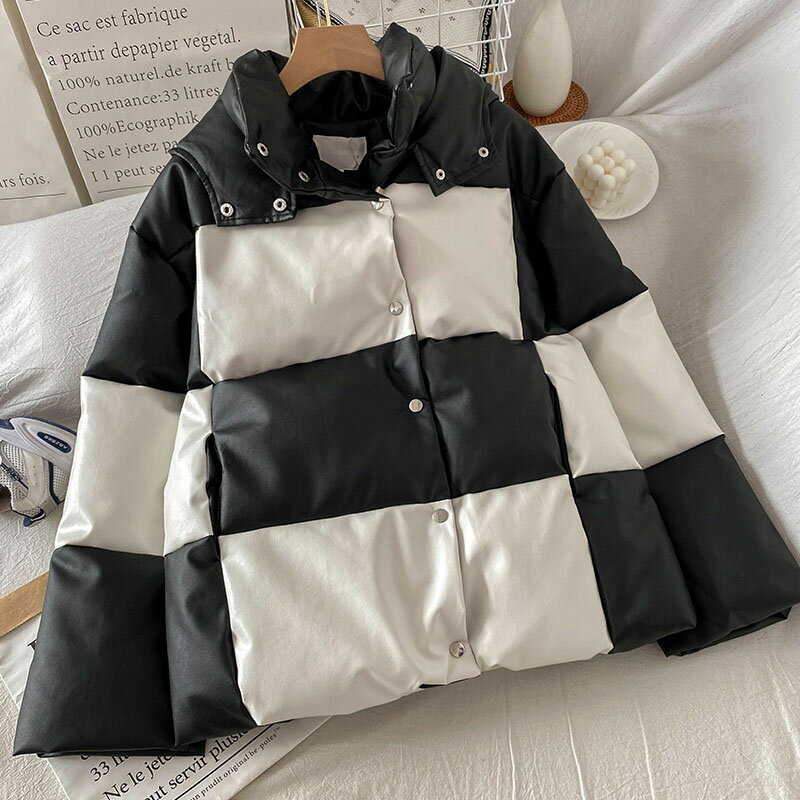 連帽PU皮加厚羽絨棉服女年新款冬季麵包服設計感小眾棉衣外套