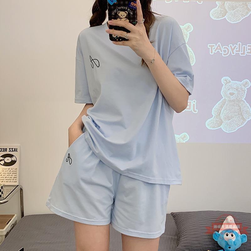 ins風睡衣女夏季短袖短褲韓版卡通簡約可外穿薄款棉質家居服套裝
