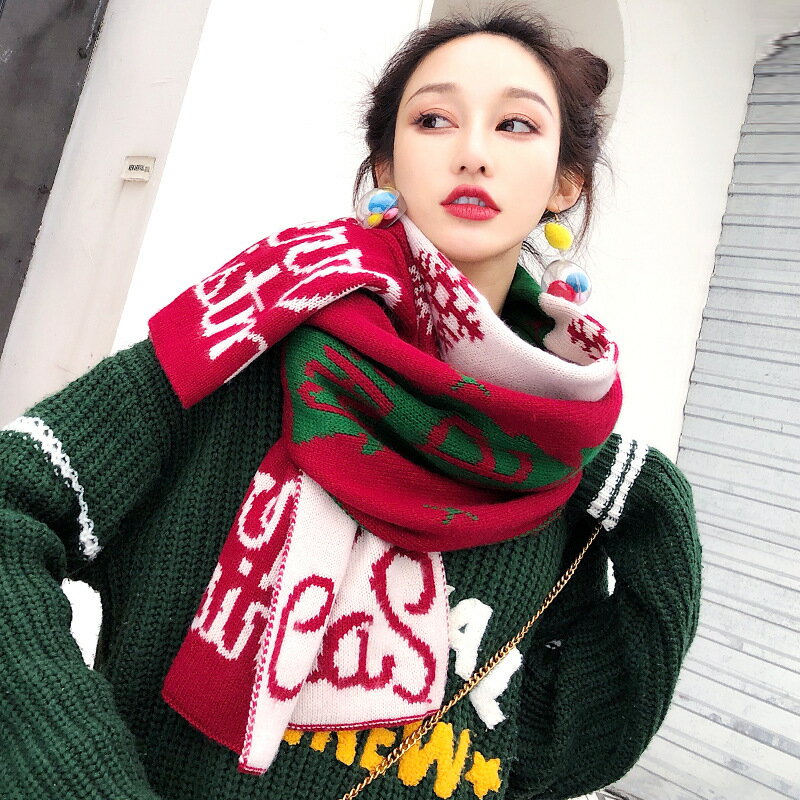 新款新年韓版秋冬季圣誕節圣誕小鹿角圍巾女學生韓版針織加厚保暖1入