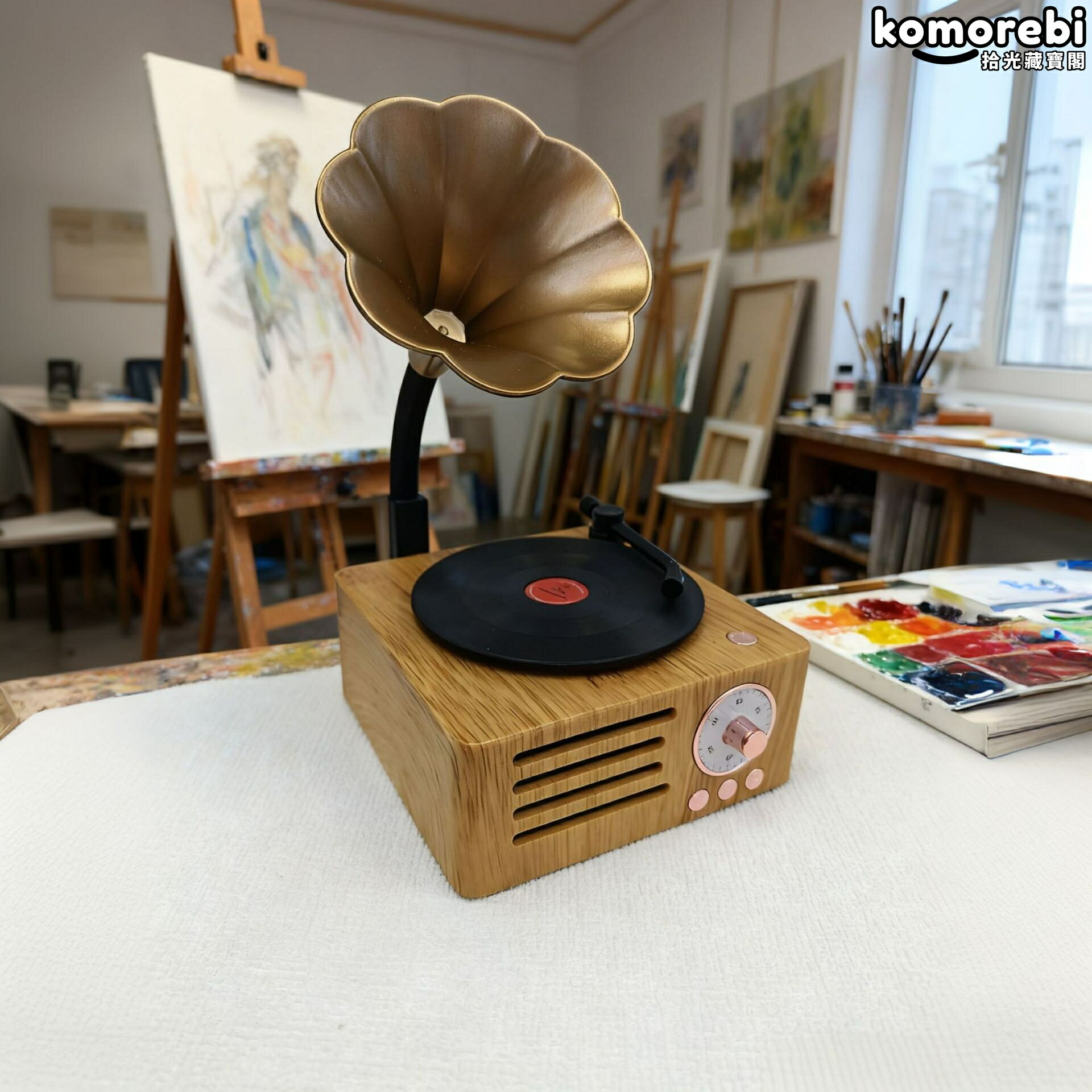 【復古重低音】留聲機 藍芽音箱 旋轉木紋 無線音箱 桌面擺件 生日禮物 藍芽5.3 重低音喇叭 復古造型 送禮首選