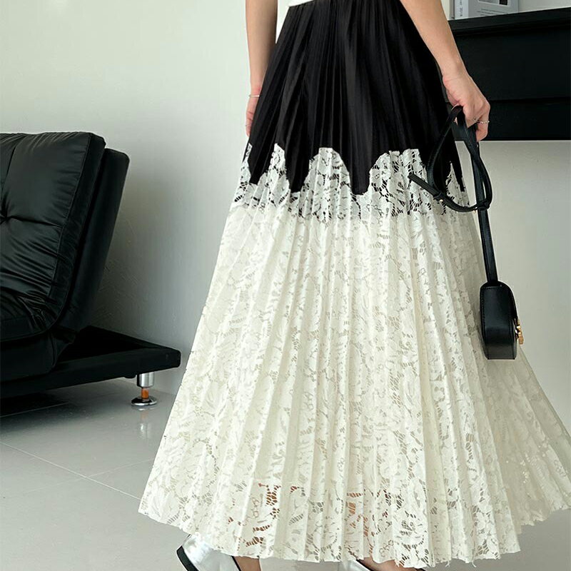 ANNAS 正韓拼接蕾絲百褶裙 百折裙 黑白撞色長裙 韓國裙子 精緻重工設計感 婚禮穿搭 5