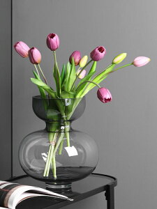 wo+綠色煙灰色葫蘆型玻璃花瓶現代簡約插花擺件居家客廳桌面擺放