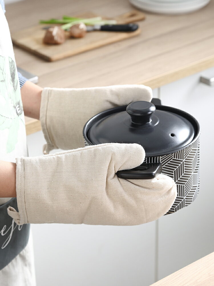 棉麻加厚防燙手套 隔熱耐高溫微波爐廚房烤箱烘焙專用手套2只裝