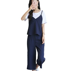 FINDSENSE G5 韓國時尚 名媛 氣質 吊帶 三件套 夏季 學院風 條紋 闊腿褲 套裝
