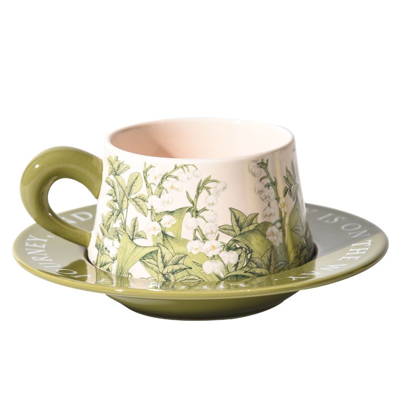 咖啡杯子 復古美式陶瓷杯碟中古風油畫綠鈴蘭花咖啡杯碟赫本風下午茶馬克杯 免運