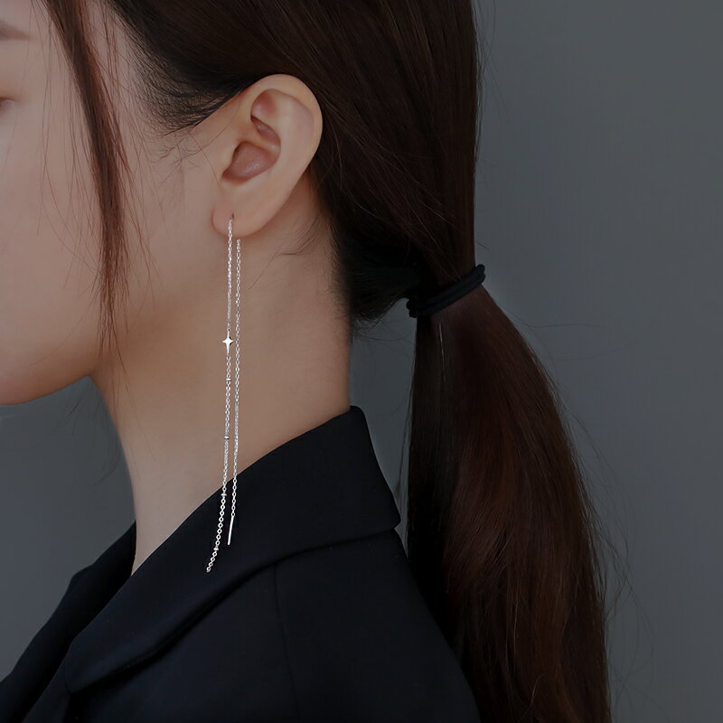 925純銀星星耳環女2021年新款潮小眾設計感耳線簡約氣質長款耳飾