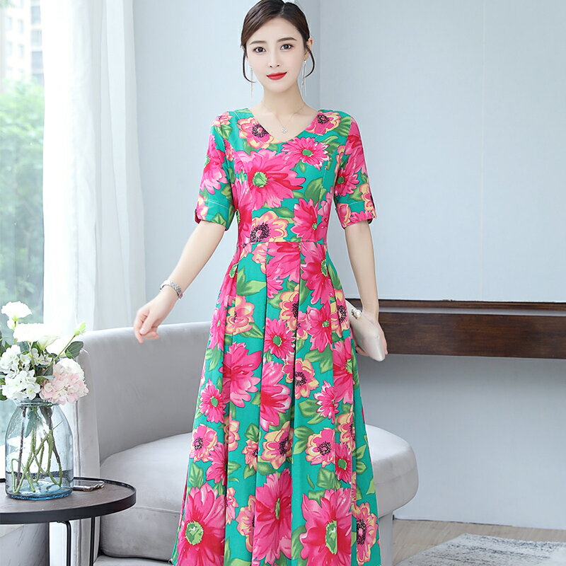 夏季新款中國風復古民族風短袖棉麻連衣裙大碼修身顯瘦長裙子1入