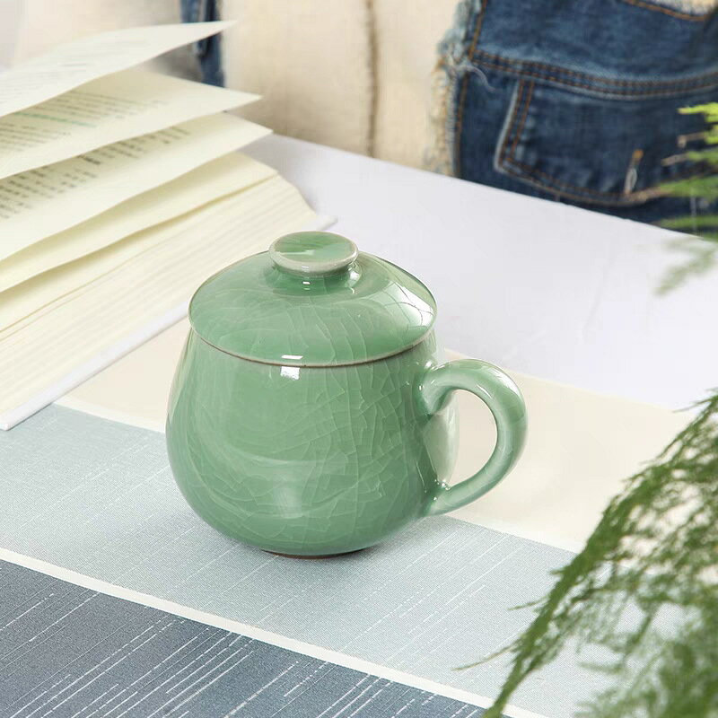 龍泉青瓷馬克杯帶蓋陶水杯瓷泡茶杯定 製辦公喝水杯子隨手禮