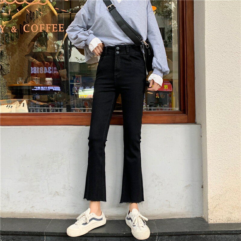 高腰牛仔褲女秋冬新款韓版時尚黑色褲子女顯瘦百搭微喇叭長褲1入
