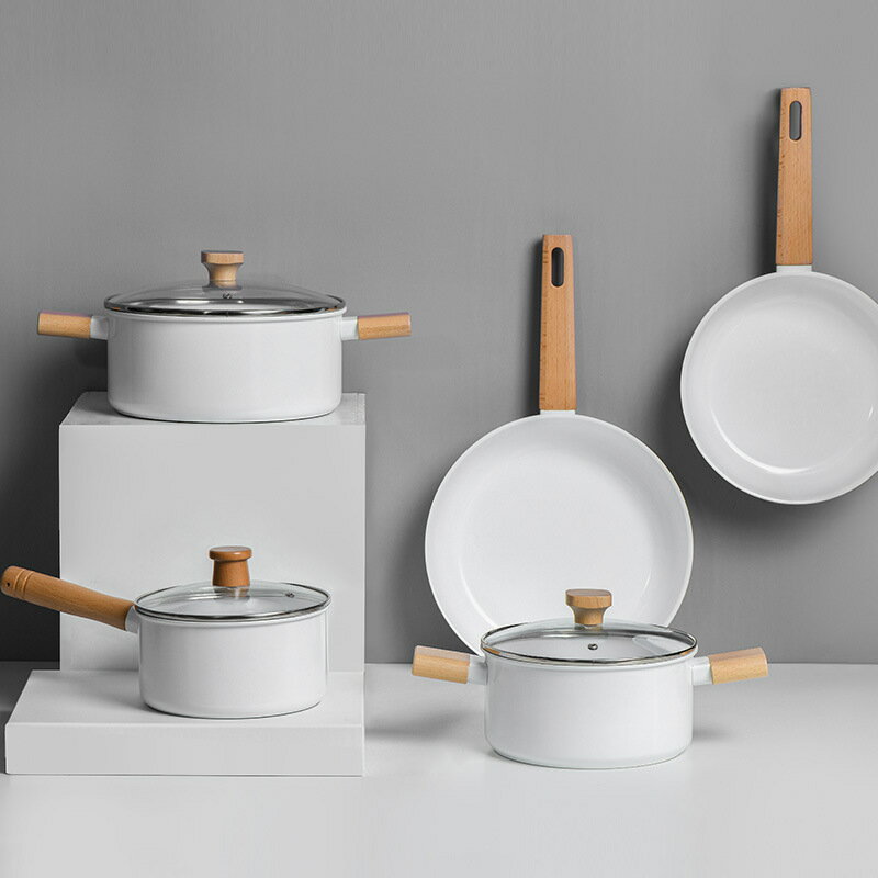 雙面陶瓷不粘鍋日系風格白色木紋湯鍋三煎鍋組合配18奶鍋