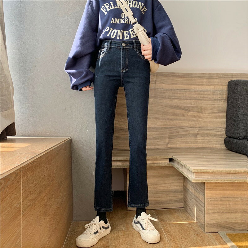 高腰牛仔褲女秋冬新款顯高顯瘦彈力九分直筒褲時尚洋氣牛仔小腳褲1入