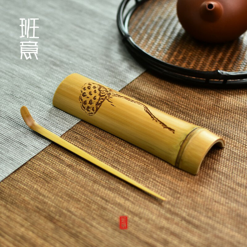 竹製茶道兩件套裝 茶勺茶則賞茶盒 手造雕花賞茶荷茶具六君子套件1入