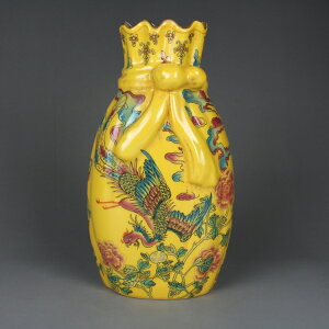 清乾隆粉彩黃釉鳳凰紋包袱瓶古玩古董陶瓷器仿古老貨收藏擺件
