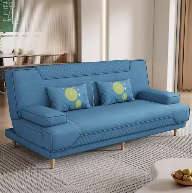天藍色麻布沙發 兩用小戶型多功能折疊床 簡約家用客廳公寓懶人可躺可睡