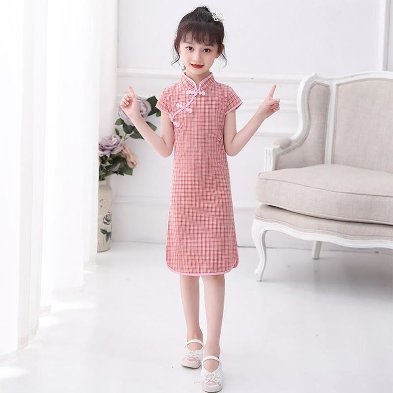 女童旗袍連衣裙洋氣改良中國風夏季薄款兒童氣質格子復古公主裙子