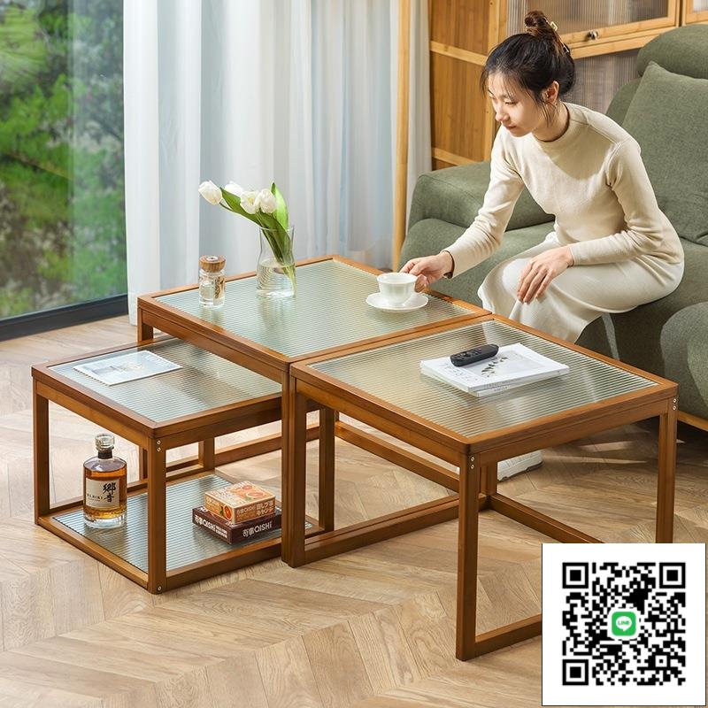 高低方桌 免運 純竹可伸縮客廳高低小方桌 茶幾客廳家用泡茶桌子 茶臺小戶型 簡約現代陽臺玻璃創