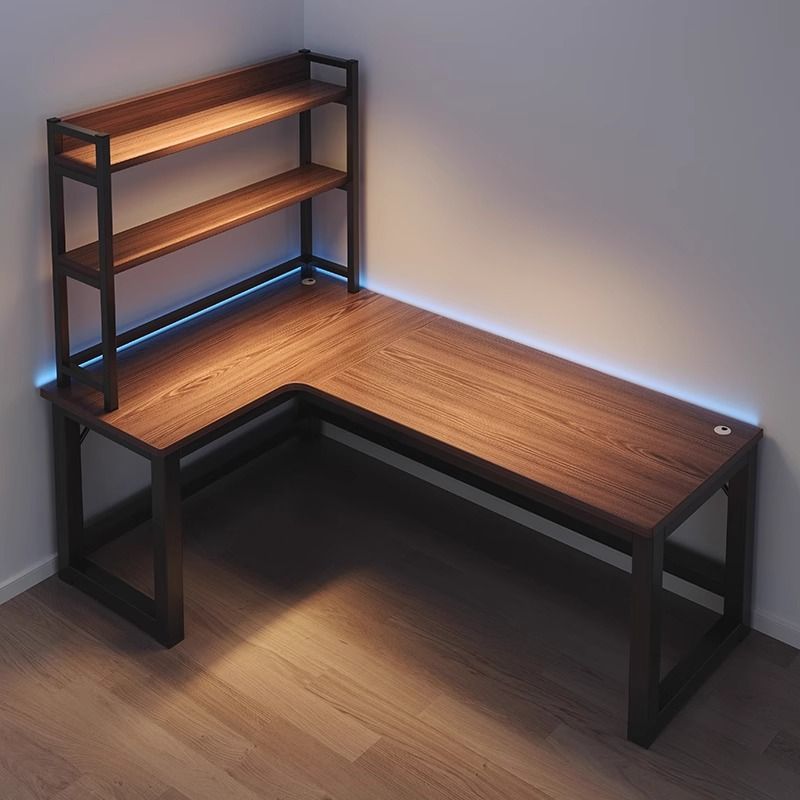 轉角仿實木電競電腦桌家用l型桌子書架一體臥室房間多功能辦公桌