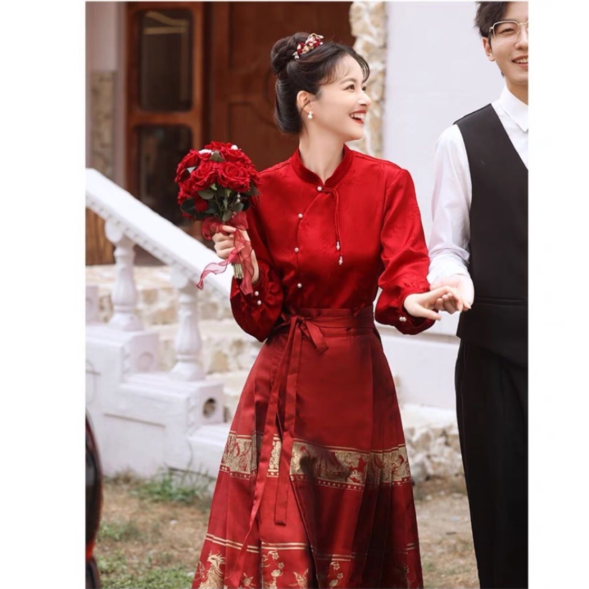 【最低價】【公司貨】紅色馬面裙新中式改良漢服高階感2023新款旗袍新娘敬酒服訂婚禮服