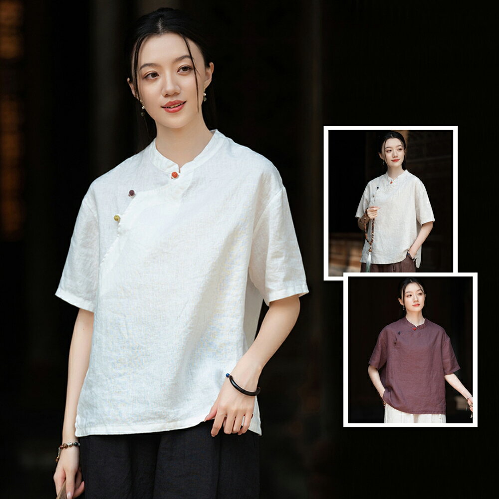 ＊ORead＊復古盤扣棉麻短袖套頭上衣(3色M~2XL)