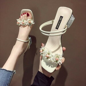 夏季涼鞋女年新款仙女風外穿時裝花朵高跟一字兩穿粗跟涼拖鞋