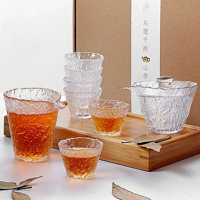 日式錘紋金邊冰露蓋碗功夫茶具耐熱玻璃公道杯手工加厚泡茶品茗杯