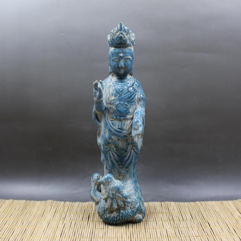 後周柴窯雕刻騎龍觀音像 仿古老貨出土瓷器擺件 古董古玩收藏1入