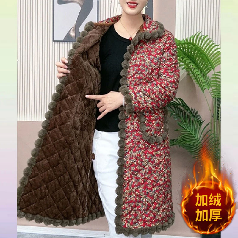 高檔加絨加厚中老年媽媽裝中長款棉衣保暖時尚百搭棉服風衣外套女