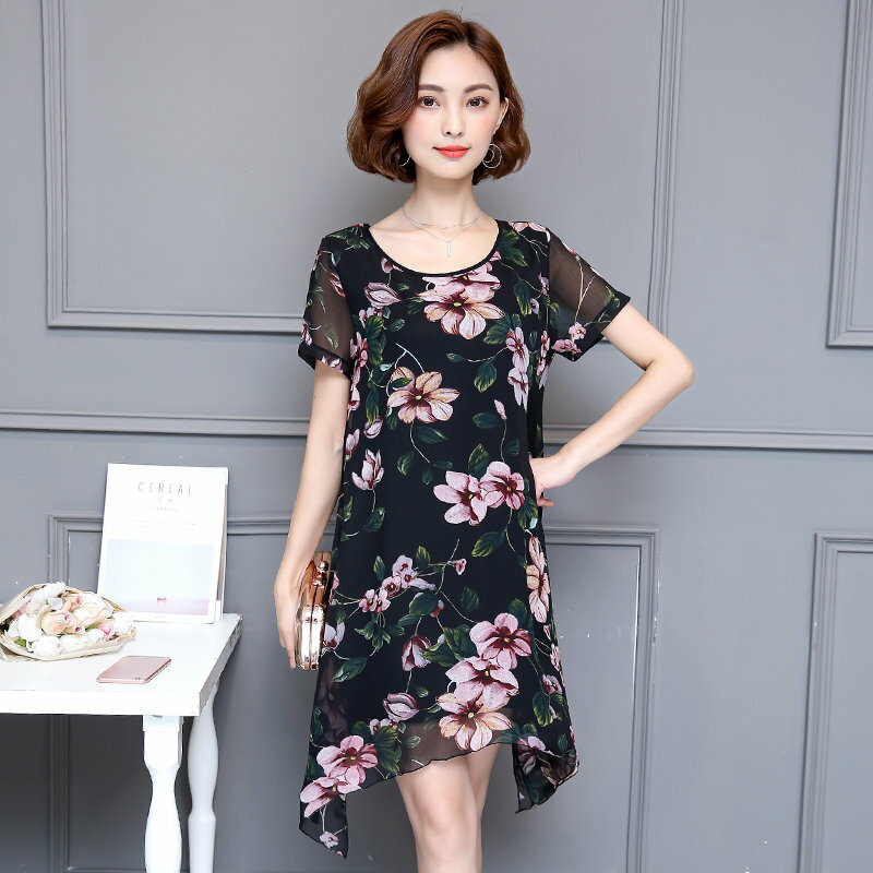 FINDSENSE G5 韓國時尚 夏季 新款 印花 雪紡 寬鬆 短袖 大擺 連身裙