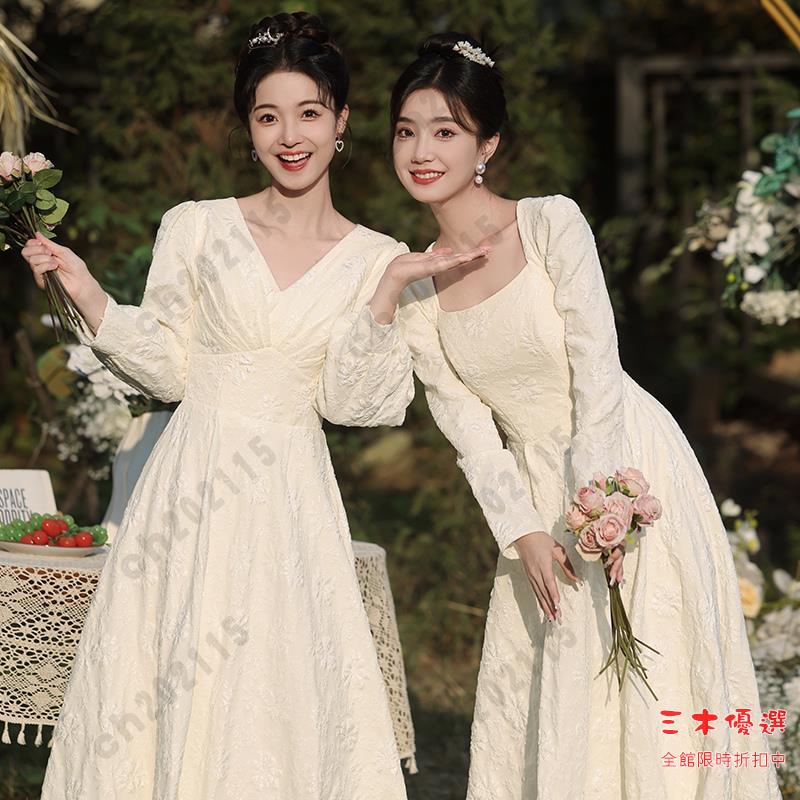 尾牙禮服 洋裝 香檳色伴娘服2024新款秋季婚禮晚禮服高階感姐妹服伴娘團禮服裙女交換禮物 三木優選
