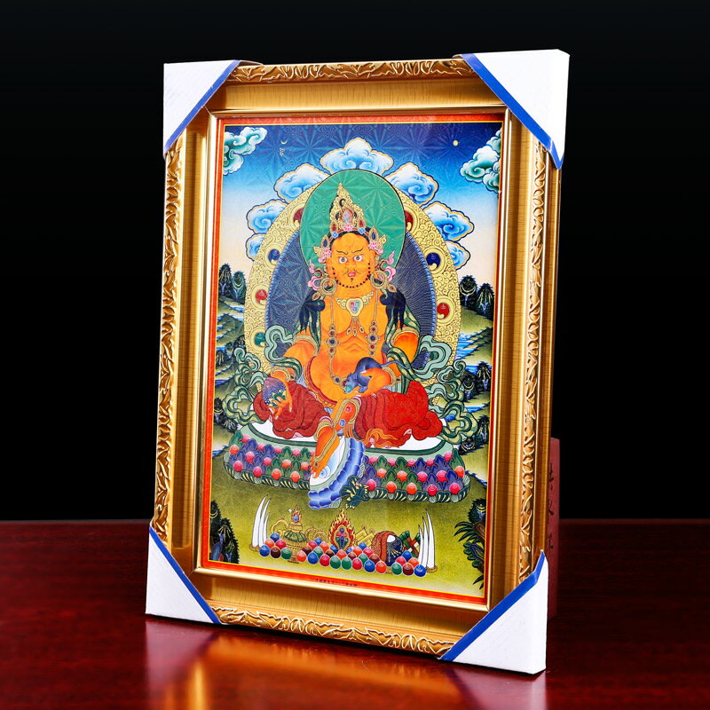 黃財神唐卡西藏手工手繪掛畫藏傳佛教用品室內裝飾畫相框畫