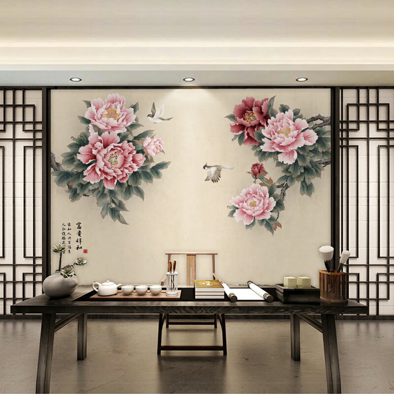 牡丹壁布古典花鳥國畫墻紙客廳電視背景墻桌布新中式墻布花開富貴