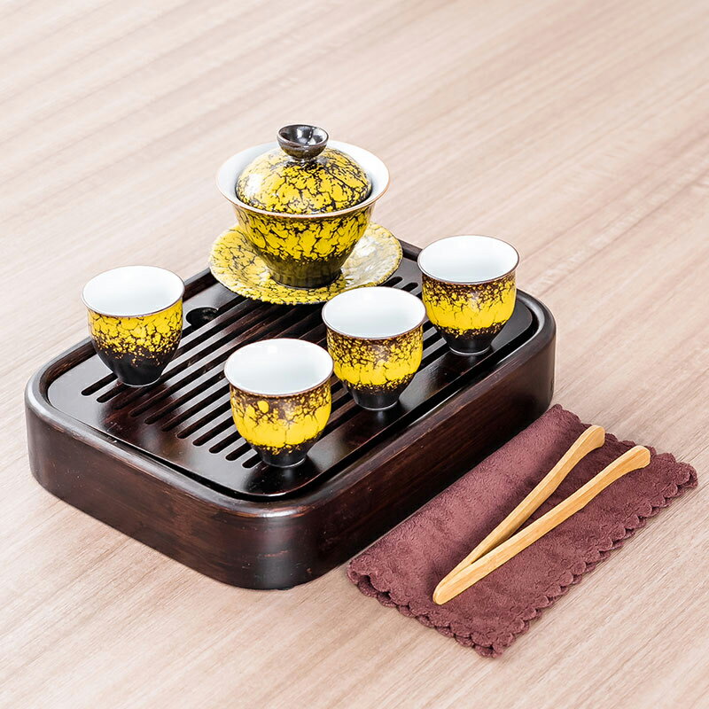 小型功夫茶具套裝家用會客整套陶瓷蓋碗茶杯黑檀木茶盤簡約茶臺C