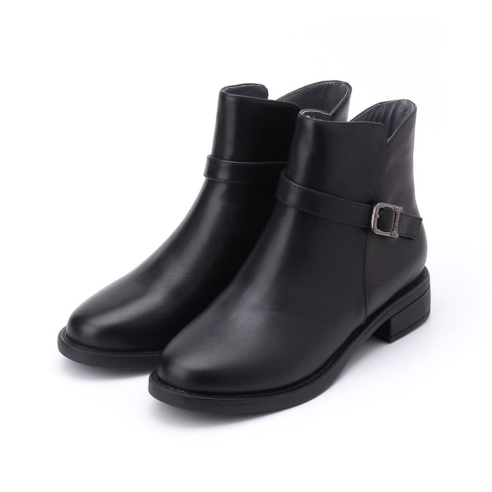 LUZZI 側鑽釦拉鍊短跟靴 黑 女鞋